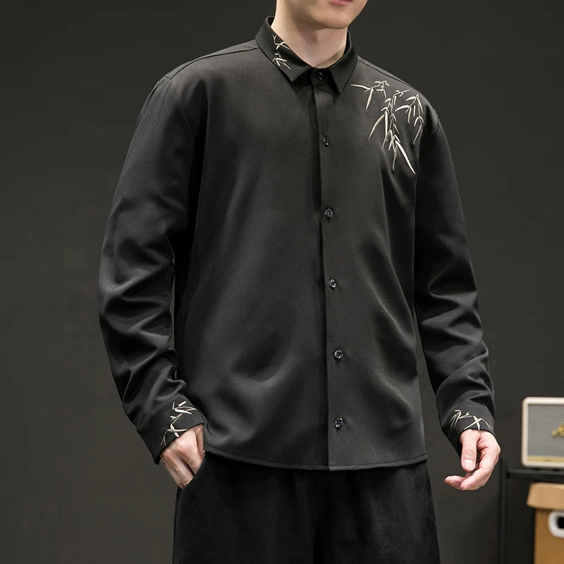 Spring Summer Chinese Traditional Dress Plus Size High Quality Bamboo Leaf Embroidery Shirt Ice Silk Long Sleeve Vintage Tops