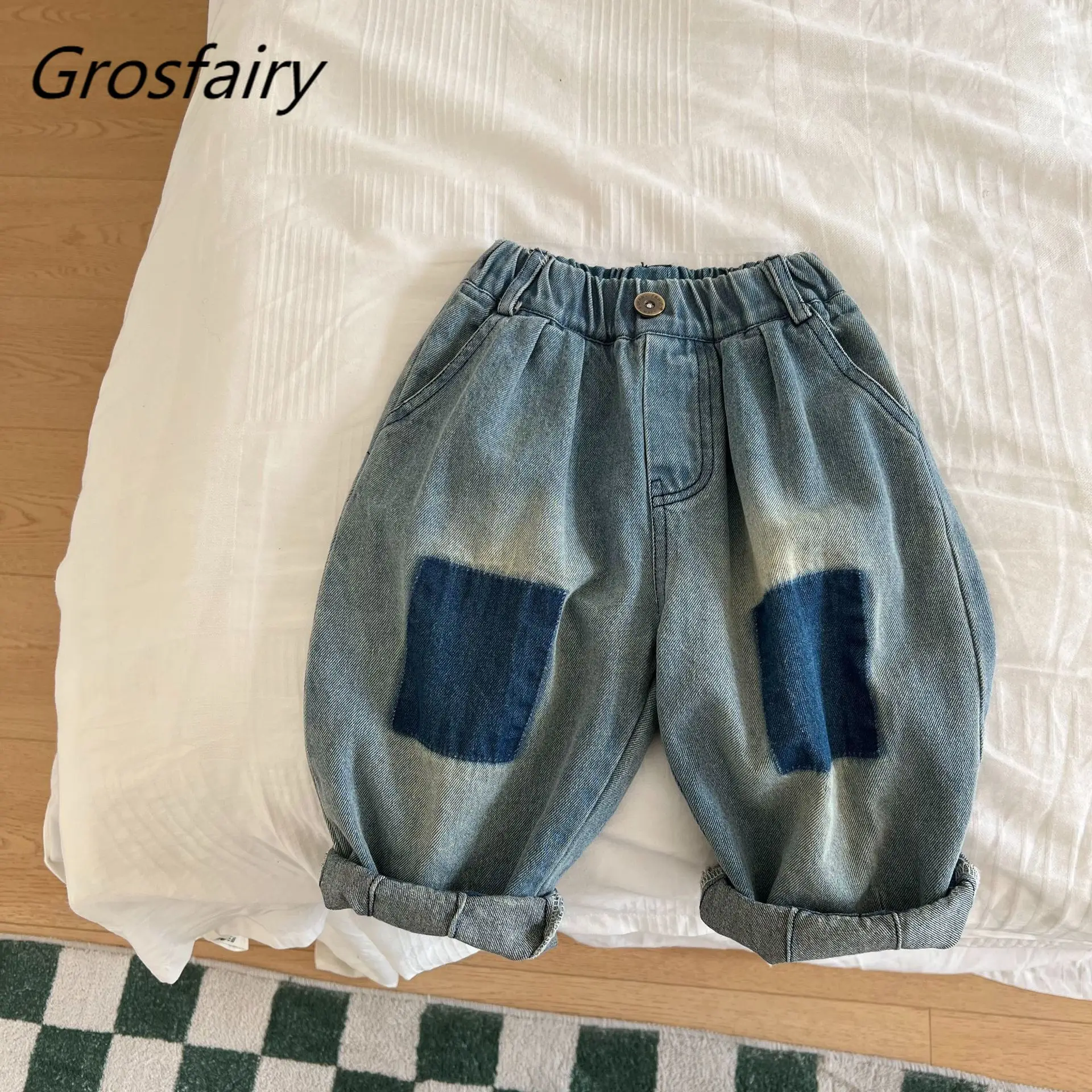 

Grosfairy 2022 Fashion Patchwork Jeans Boys Girls Loose Denim Pants Kids Mid Waist Trousers Korean Style Elastic Bottoms 2-7Y