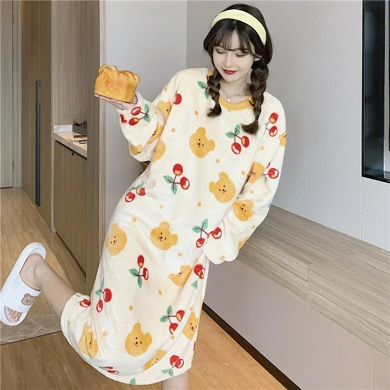 Winter Long Sleeve Print Thick Warm Flannel Nightgowns For Women Long Dress Coral Velvet Sleepwear Nightdress Night Dress Nighty