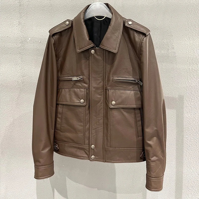 여성용 빈티지 오토바이 진짜 가죽 재킷, 긴팔 라펠, 시크한 지퍼 포켓, 소가죽 코트, 바이커 아웃웨어 탑, 런웨이 2023