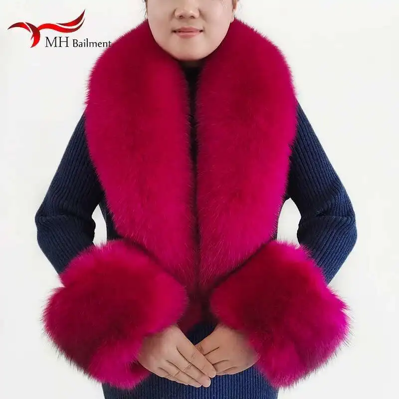 Winter Genuine Fox Fur Scarf Cuff Set Women Wraps Neck Warmer Luxury Furry Shawl Female Coat Fur Collar Arm Cover
