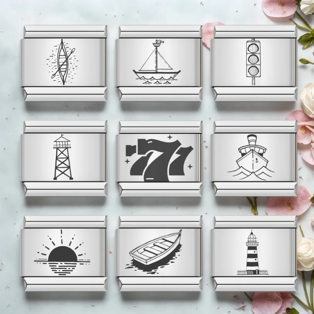 URING Klassischer Laser-Leuchtturm, Kajak, Schiff, Sonnenaufgang, Charm, italienische Links, passend für 9 mm Edelstahl-Schmuck, DIY-Herstellung von Armbändern, Geschenken – Detail 2