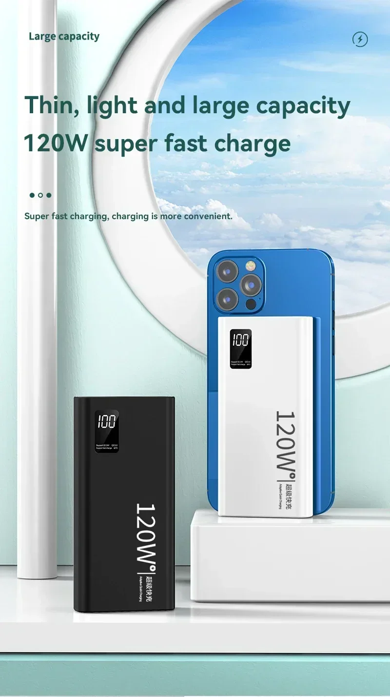 120W Power Bank 200000mAh High Capacity Fast Charging Portable Battery Charger F