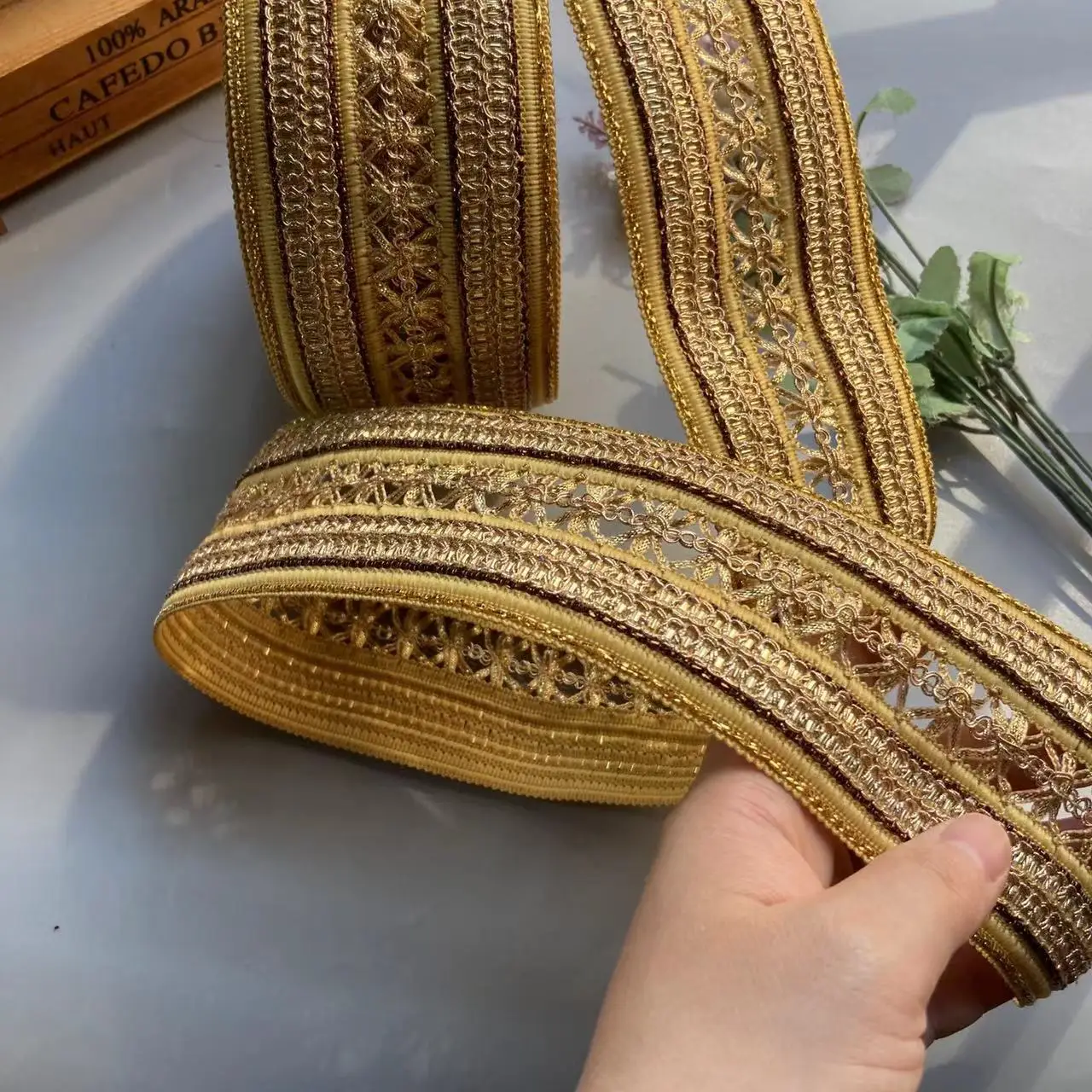 Yellow Rice Lace Trim Ribbon Ethnic Clothing Gold Thread Embroidery Sequin Fabric Jacquard Webbing Garment Accessories 1 Yard