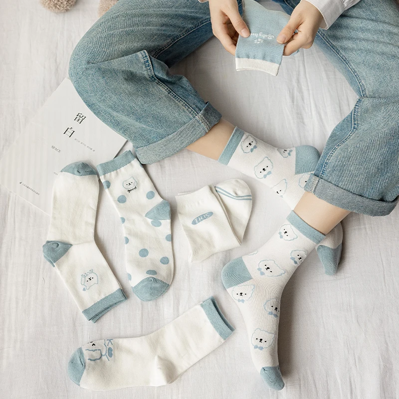 6 Pairs of Women's Spring and Autumn Cartoon Cute Teddy Bear Letters Slogan Fashion Versatile College Style Mid Tube Socks 5