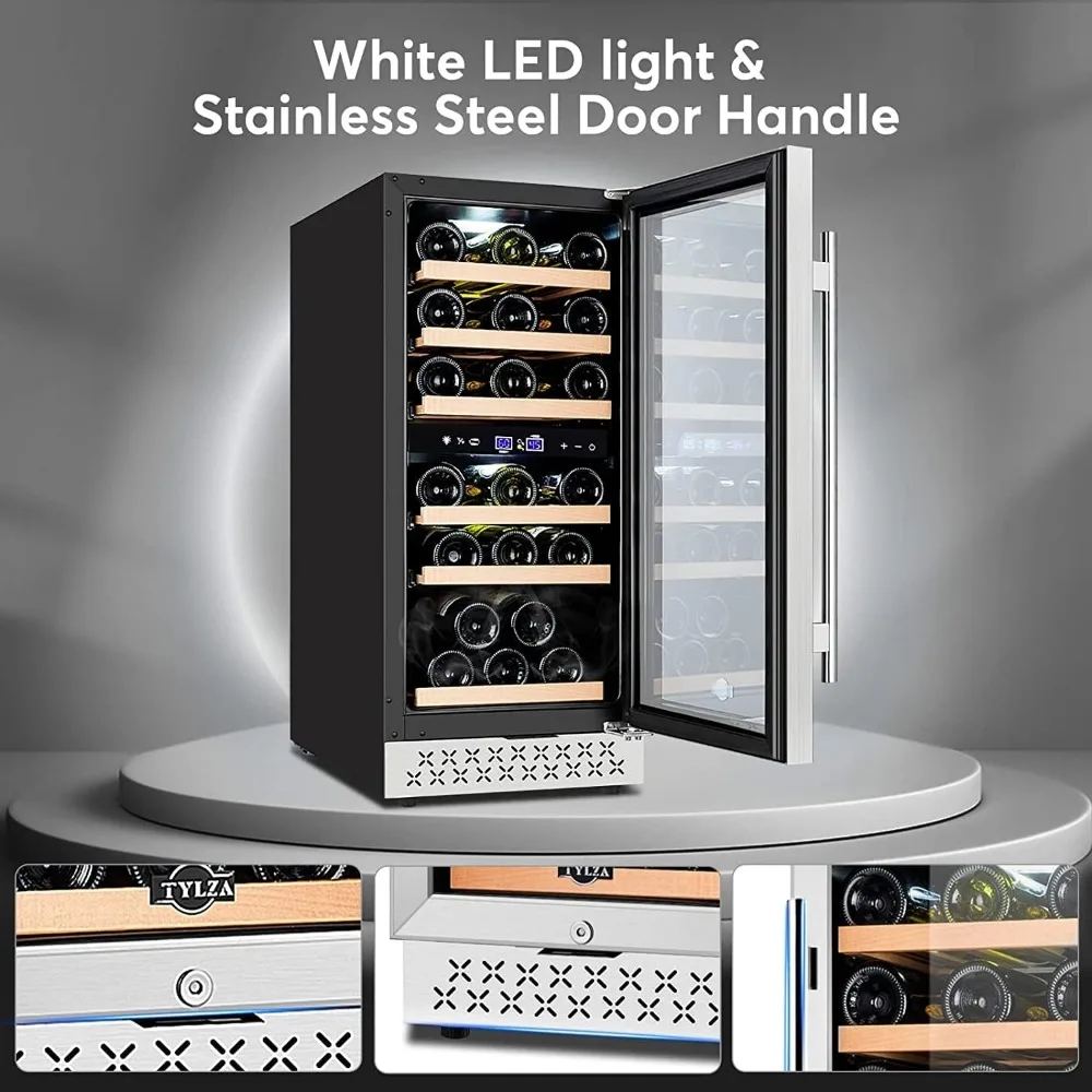 Mini Fridge 15 Inch Wine Cooler Under Counter, 30 Bottle Dual Zone Wine Fridge with Stainless Steel, Refrigerator