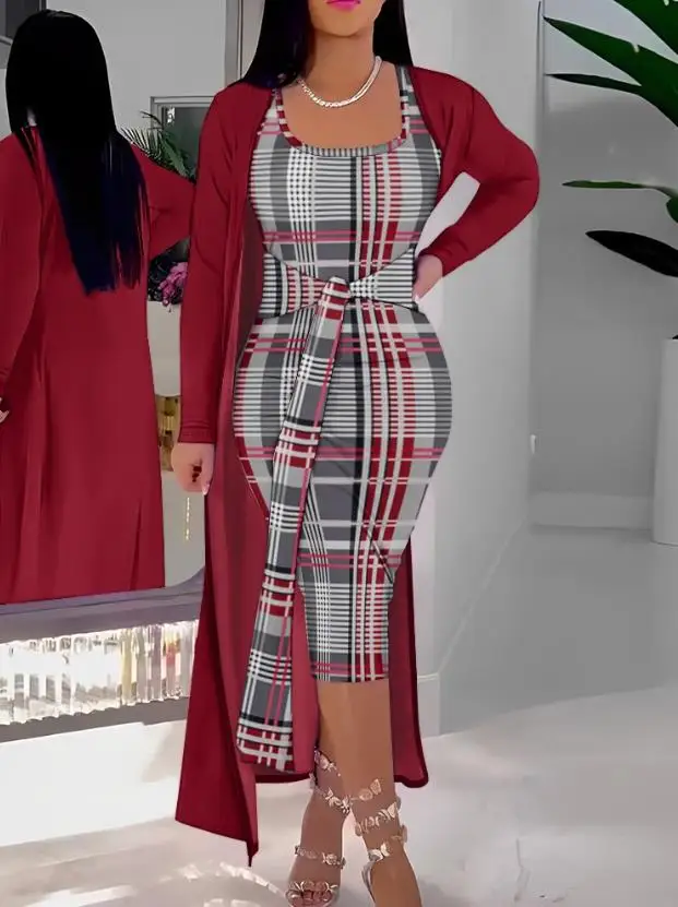 

Two Piece Set Women Outfit 2023 Autumn New Fashion Casual Comfort Plaid Print Tied Detail Tank Dress & Longline Coat Set