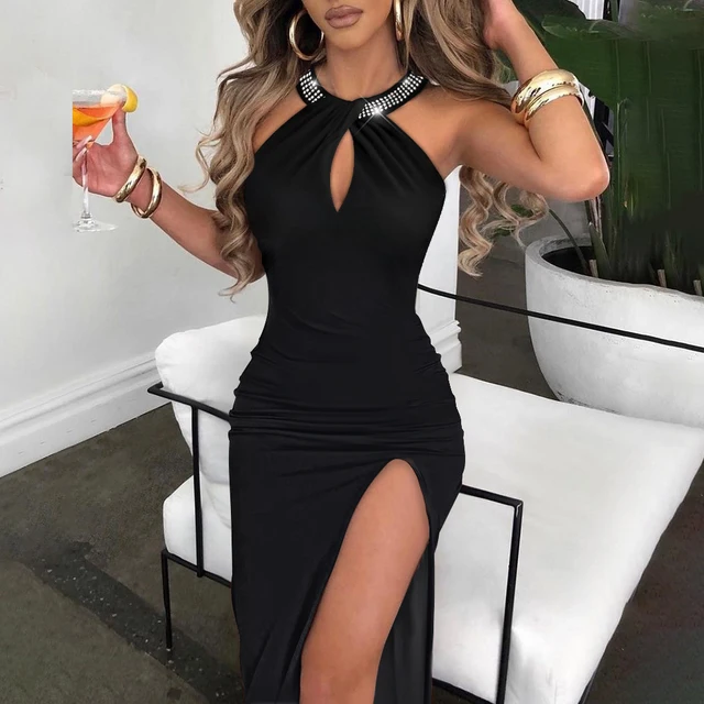 Robe noire dos nu, vêtement formel et sexy, printemps, été