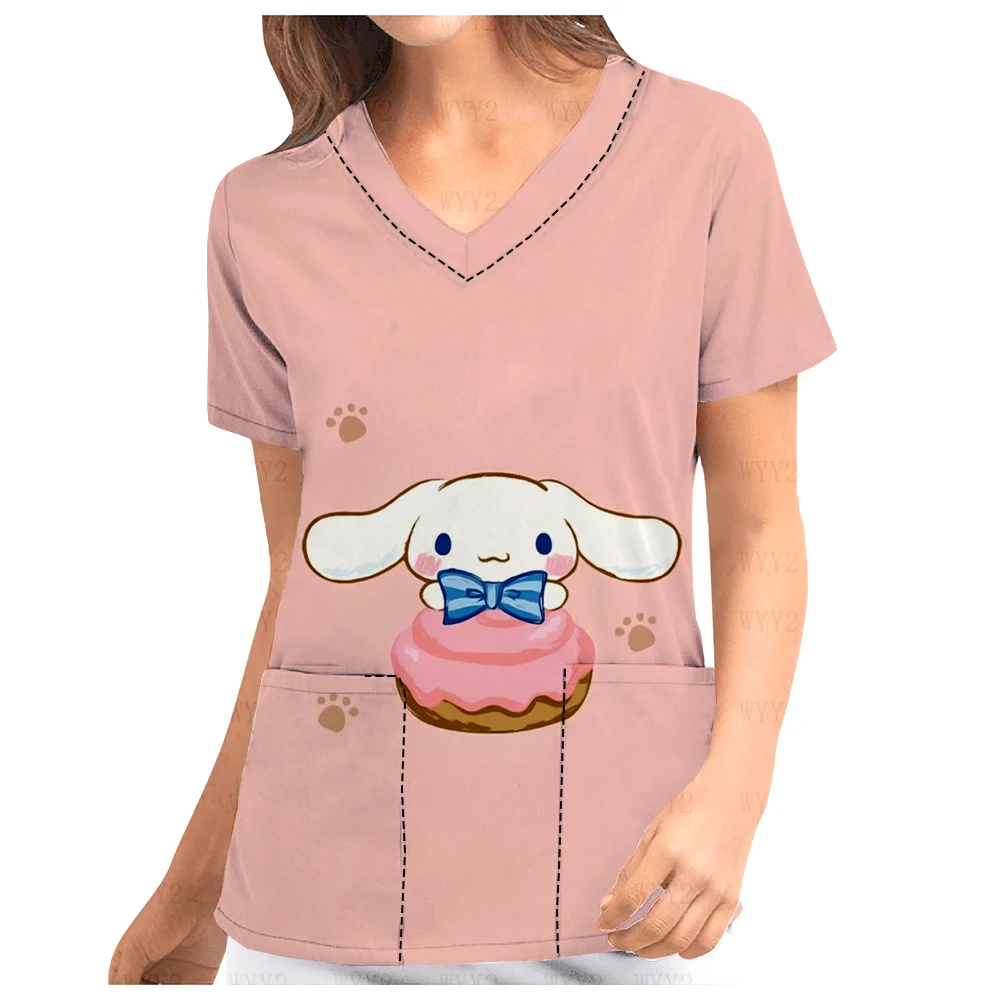 

V-Neck Print Scrub Top Women's Casual Loose Hospital Work Uniform Cinnamoroll Beauty Salon Nurse Care Worker T-Shirt