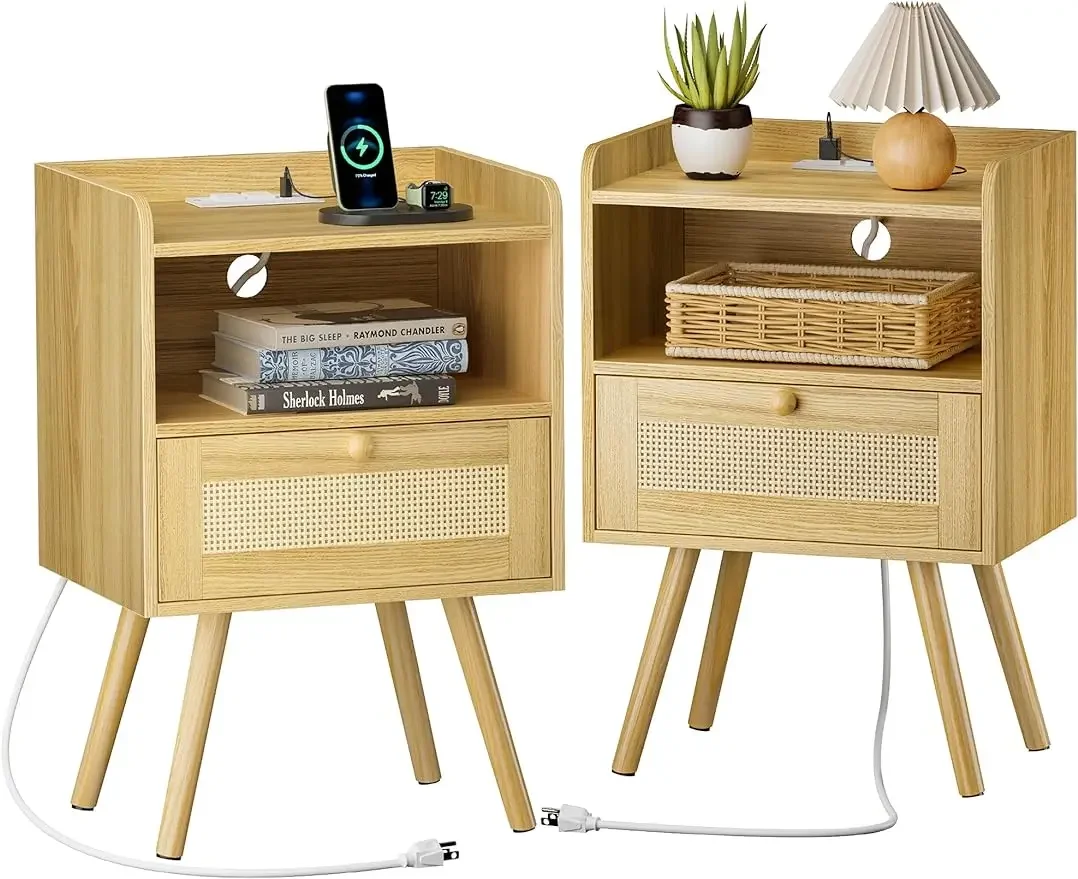 

Nightstands Set of 2, Night Stands with Charging Station & PE Rattan Decor Drawer, Bed Side Tables with Solid Wood Feet