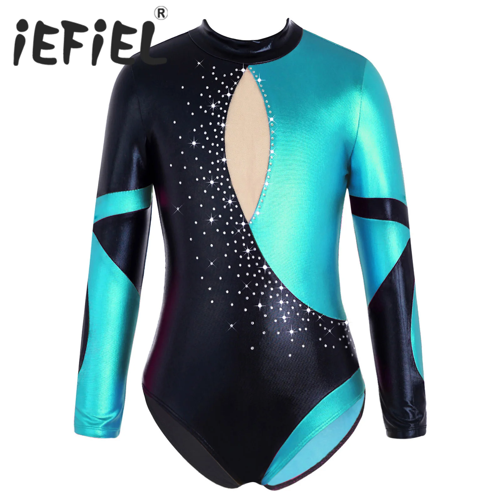 Kids Girls Ballet Dance Bodysuit Gymnastics Workout Jumpsuit Long Sleeves Open Back Shiny Diamonds Mesh Patchwork Leotard Dress