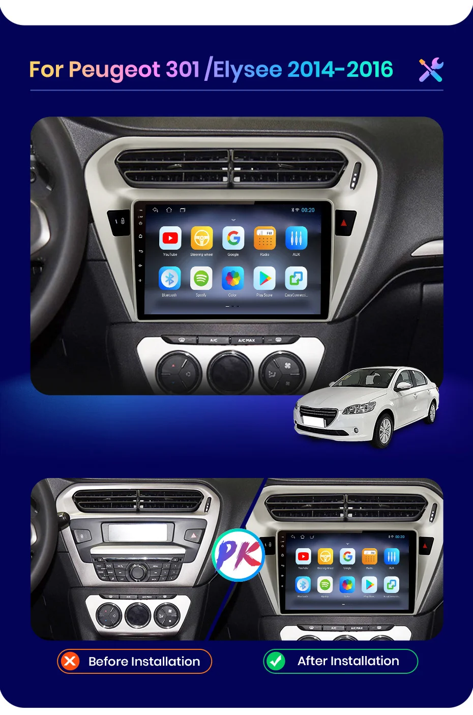 Für Peugeot 301 2013-2018 Drahtlose CarPlay für Apple Android Auto Auto Radio GPS IPS RDS FM WiFi BT 4G 8 Core Multimedia Stereo – Detail 3