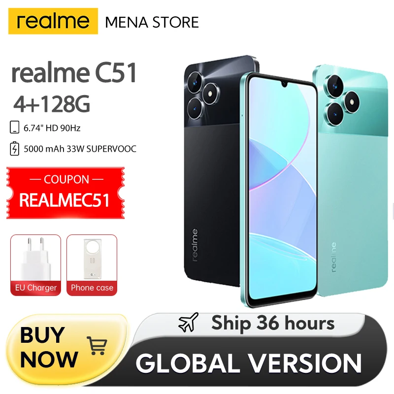 Realme-C51 4G Global Version 90HZ 6.74 Large Display 50MP AI Camera  5000mAh Battery Original 33W SUPERVOOC EU Charge 4GB 128GB