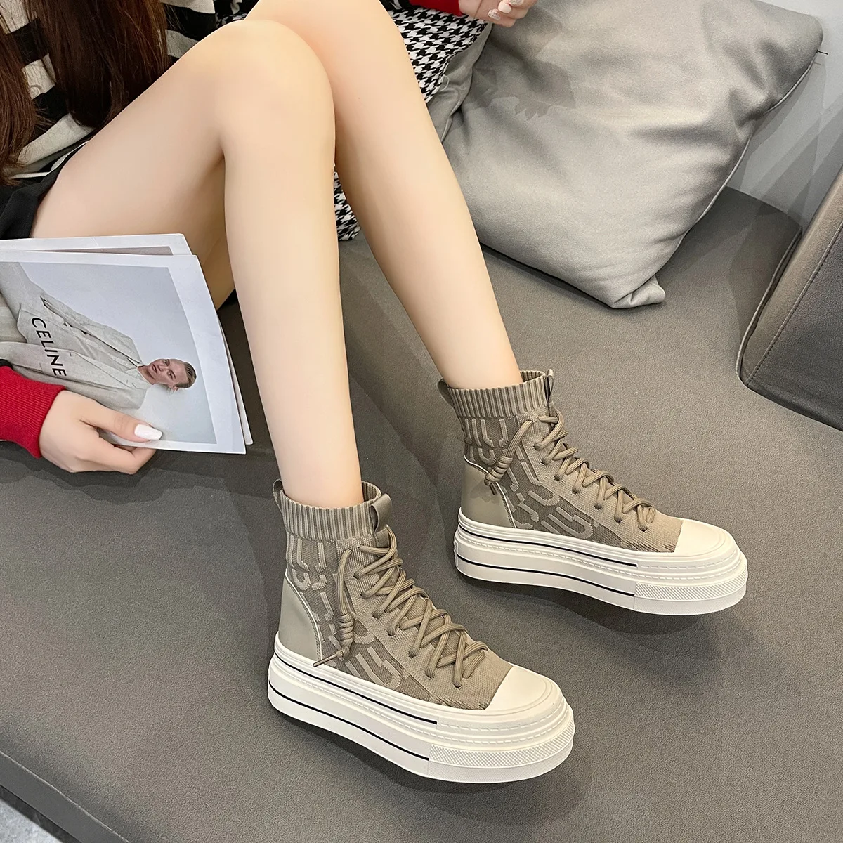 

Женские высокие кроссовки, вязаные кроссовки на платформе, осень 2023