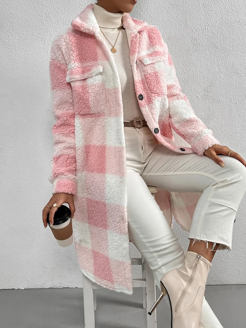 Description Picture 6 of itemOversized Loose Plaid Overcoats Autumn Winter Thick Long Sleeve X-Long Cardigan Sweatshirt Coats Outwaer FYY-90093