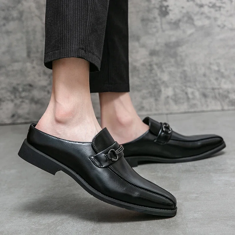 European Station New Men's Half Slippers Casual Simple Metal Double Buckle Black Sizes 38-46 Men  Shoes