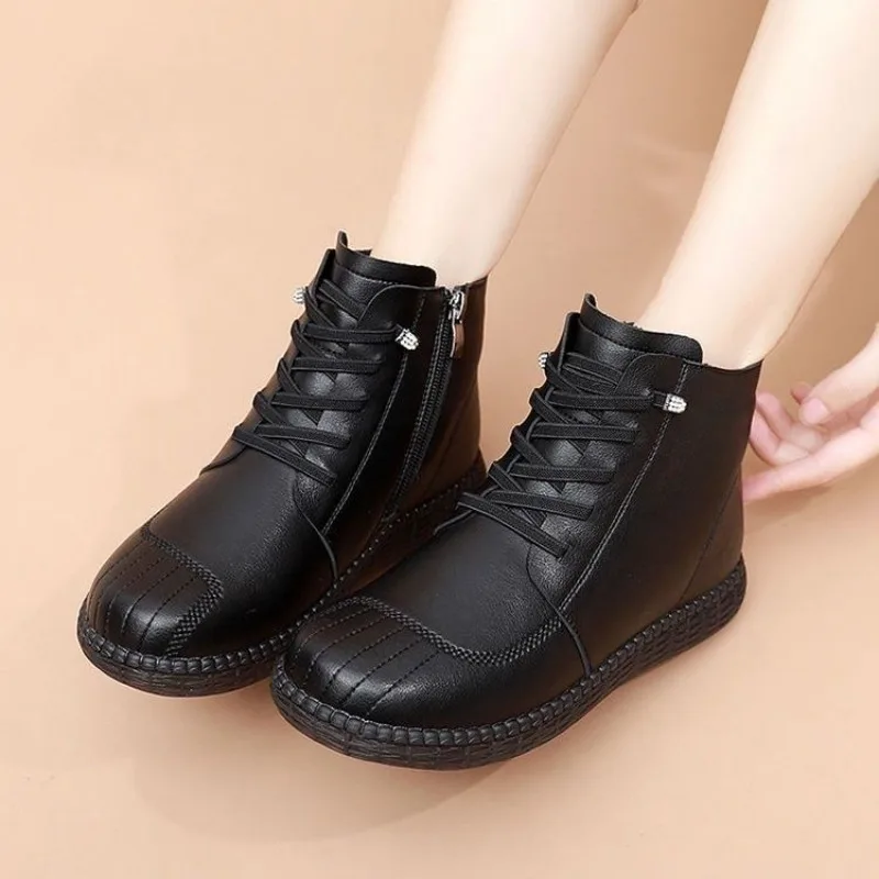 

Hot Sale Ankle Boots 2023 Winter Warm Plush Women's Boot Fashion Zipper Soft Shoes Comfort Flat Mother Shoes British Lady Shoes