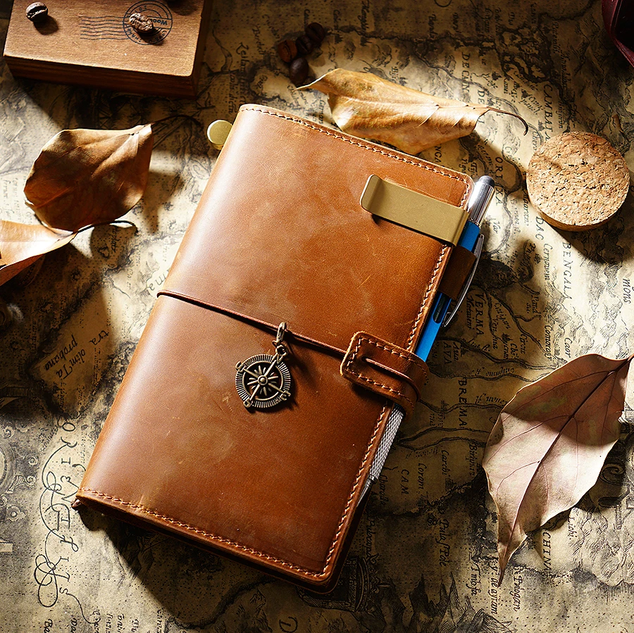 Vintage Leather Travel Journal - Handmade Refillable Portable Diary, Retro Brown