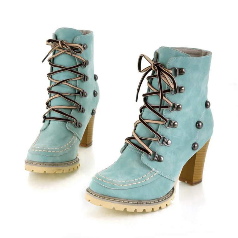 Botas Retro de moda para mujer, botas coreanas de tacón alto con remaches antideslizantes, botas cortas de talla grande 34-43