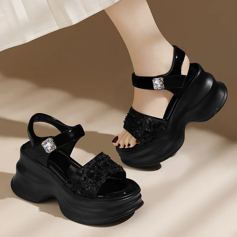 8.5cm Wedges Platform Sandals For Women Summer Fashion Sweet Bling Leather High Heels Platform Sandals Beach Sandal Size 34-39
