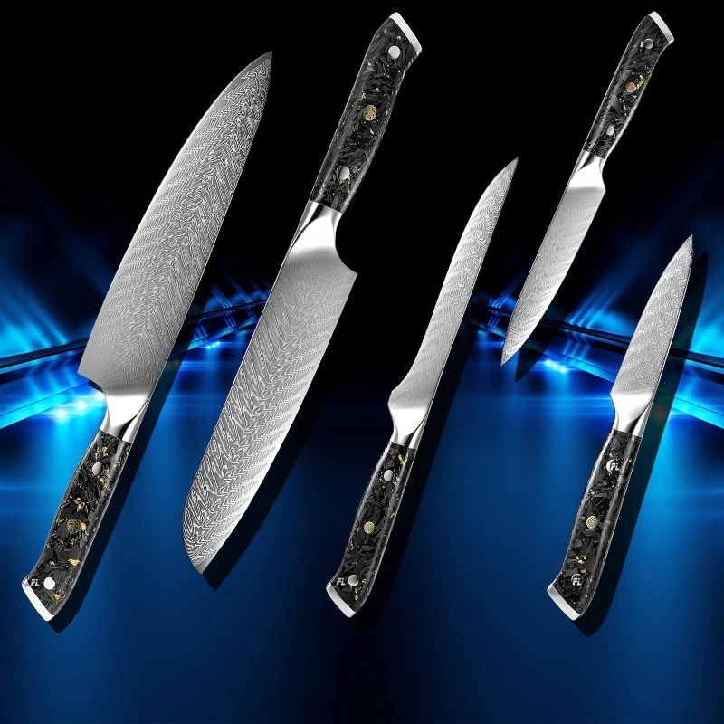 Damascus Kitchen Knife 5PCS Set VG10 G10 Handle Carbon Fiber And Gold