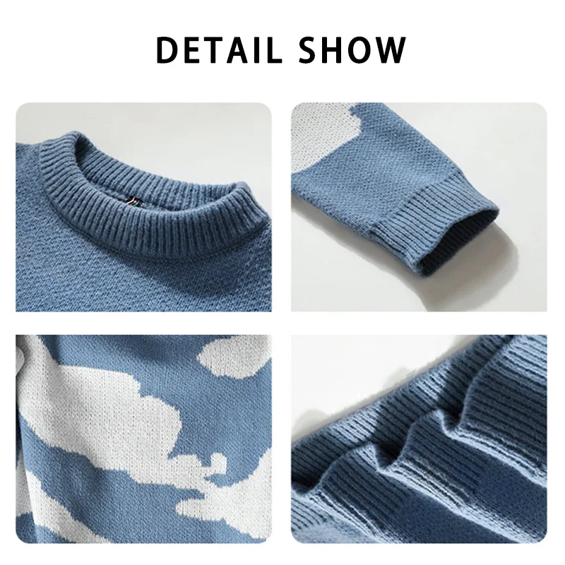 2023 Autumn Men Casual Sweater Cloud Pattern Cute Couple Sweaters Round Neck Long Sleeve Male Knitted Sweater Harajuku Pullover 5