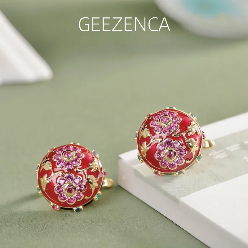 

GEEZENCA 925 Silver Colorful Enamel Red Corundum Zircon Round Earrings For Women 18K Gold Cloisonne Flower Earring 2023 New Gift