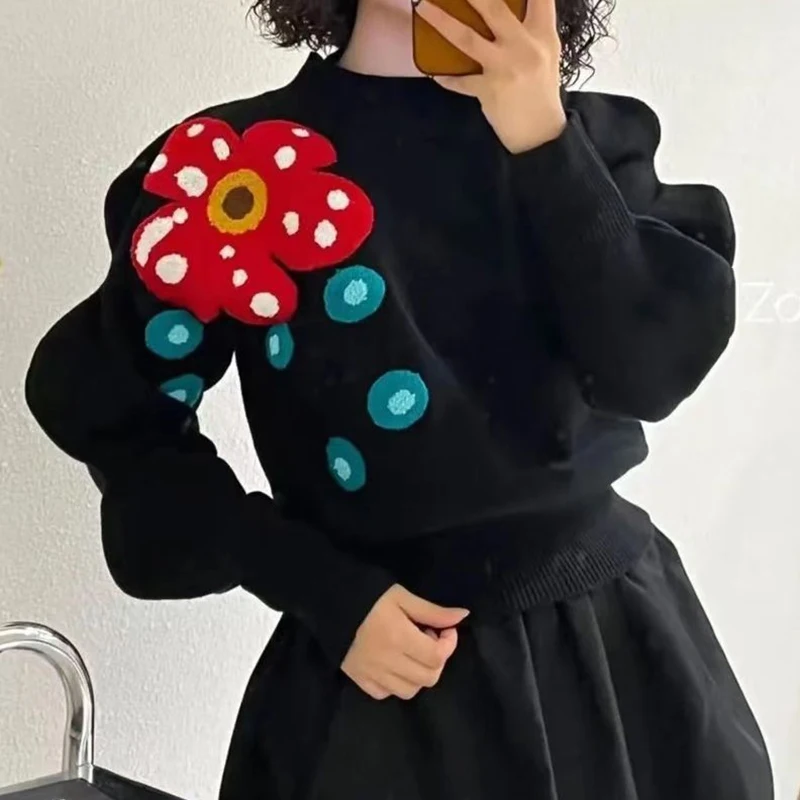 

2023 Autumn/Winter New Design Sense Flower Embroidery Hollow Off Shoulder Long sleeved Sweater Women's Top
