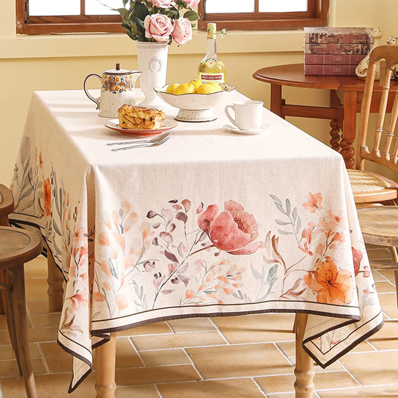 

Linen Tablecloth Hand-painted Flower Pastoral Diningtable Tablecloth Elegant Rectangular Coffeetable Cover Cloth Home Decor