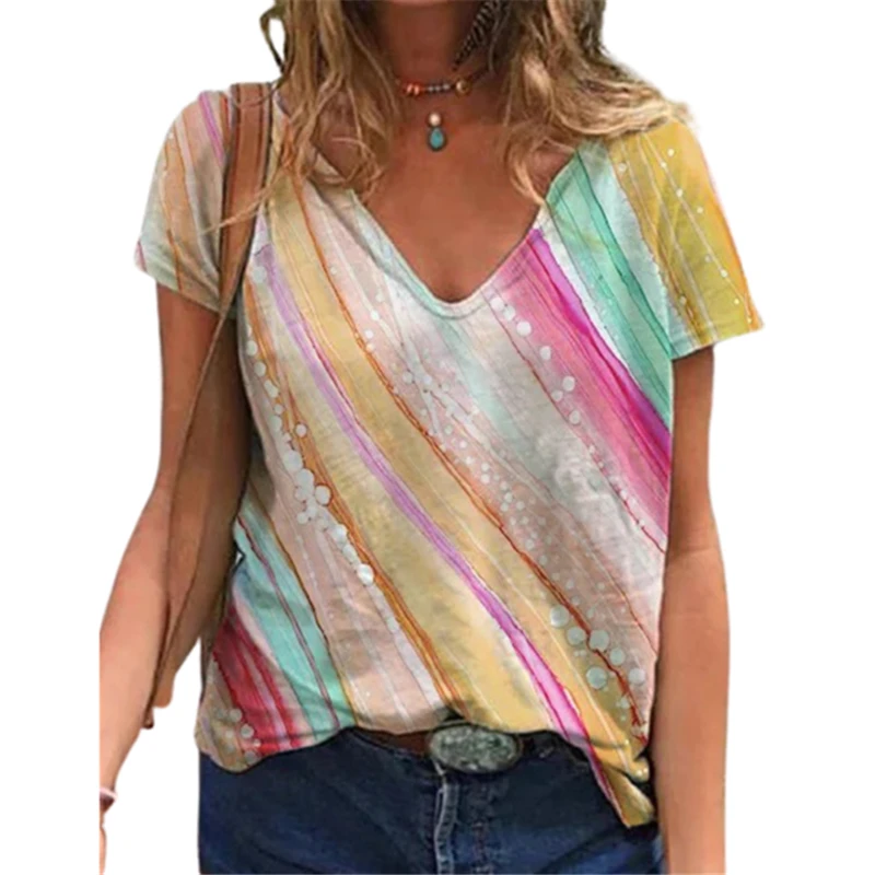 3D Rainbow Gradient Women T Shirt summer clothes for women Oversized Ladies Tops Short Sleeve V-Neck Tie Dye Loose Tee Plus Size |