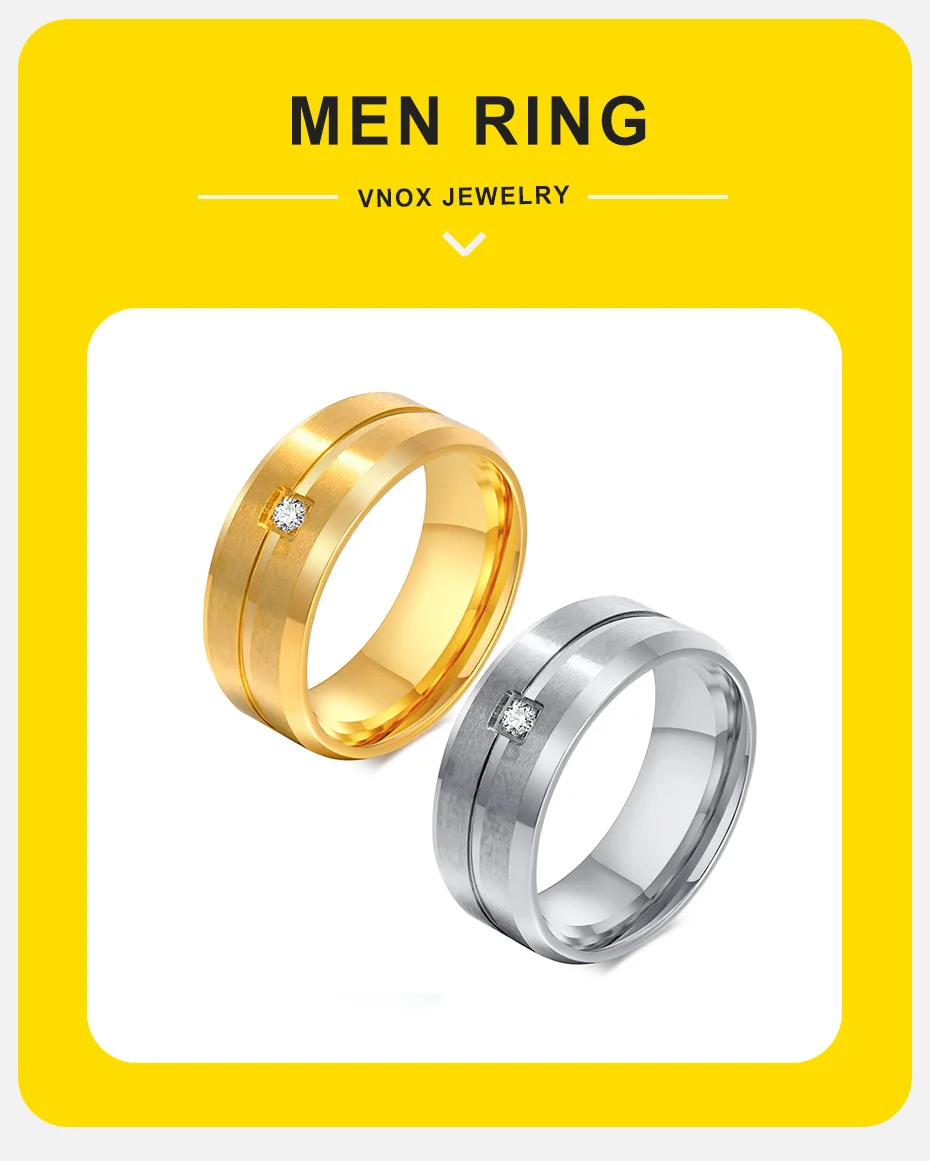 Vnox 8mm Männer Wedding Band, AAA CZ Stein Solitaire Ring, matte Edelstahl Rillen Linie Ring, Einfache Casual Bräutigam Ring – Detail 1