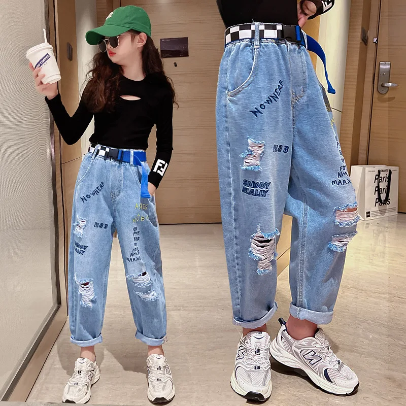 

New Spring Summer Girls Jeans Letter Ripped Denim Pants Children's Pants Hole Blue Trousers Kids Jeans 5 6 7 8 9 10 11 12 13 Yrs