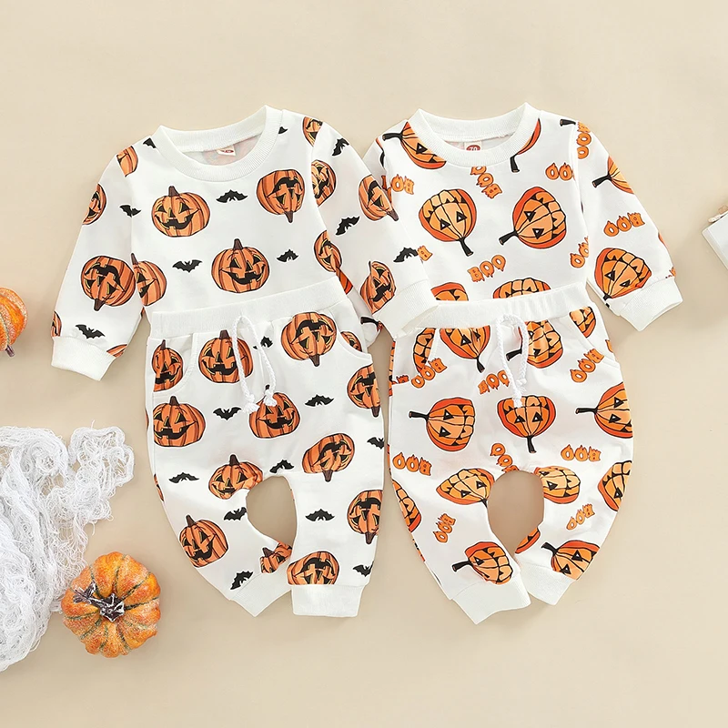 

2022-07-15 Lioraitiin 0-24M Newborn Baby Girl Boy 2Pcs Halloween Outfit Long Sleeve Pumpkin Printed Sweatshirts Top Long Pants