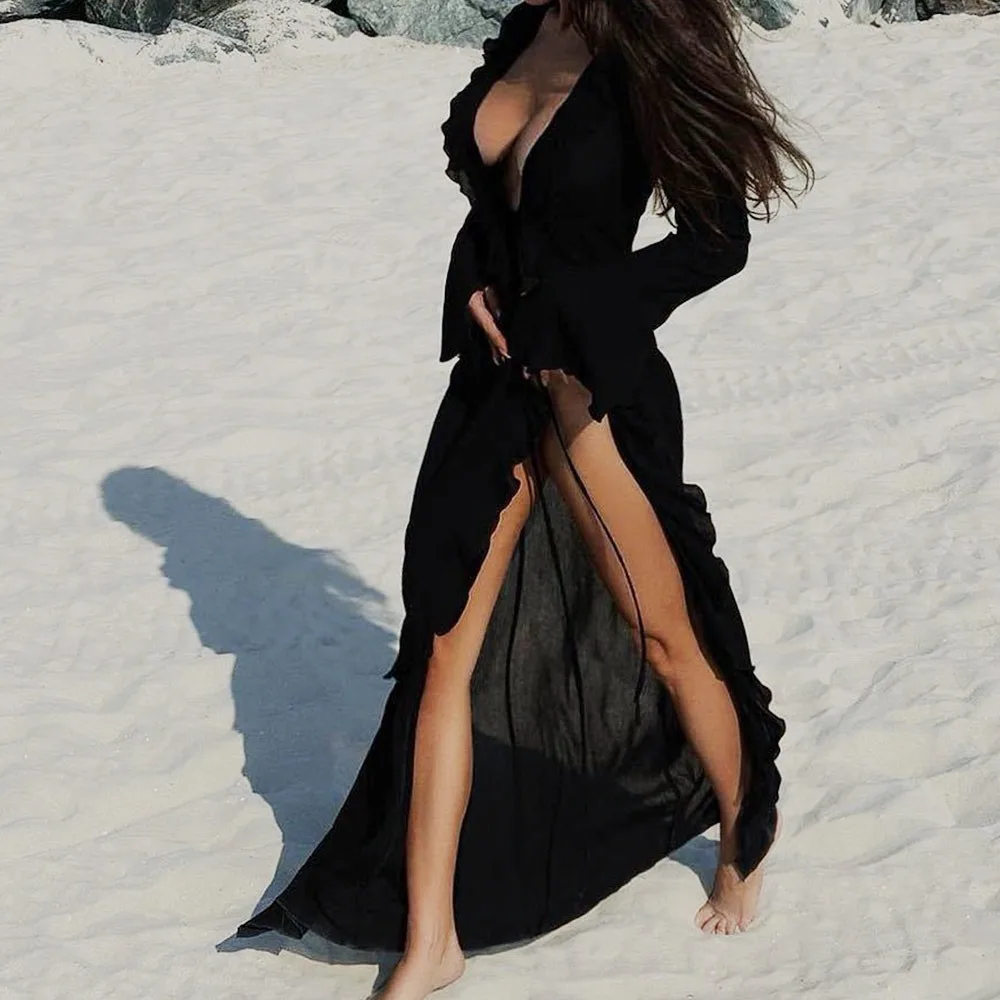 V Neck Summer Beach Cover Up Long Sleeve Ruffled Bikini Sunscreen Smock Vacation Casual Swimsuit Cover Up Dress for Women