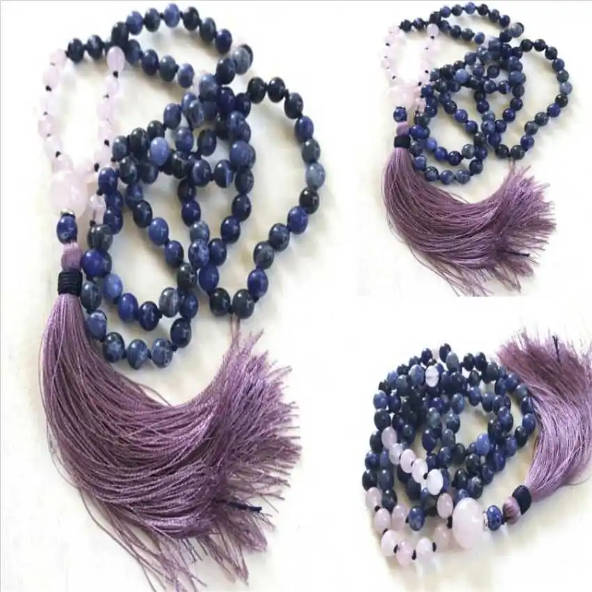 8mm 108 Beads gangue powder crystal tied with tassel necklace Trendy Men Crystal Everyday wear Chakra Rustic Pendant