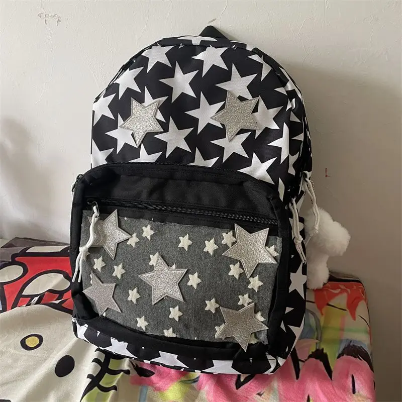 

2023 New Japanese Korean Star Spliced Bone Black Backpack Casual Versatile Large Capacity College Student Commuting Schoolbags