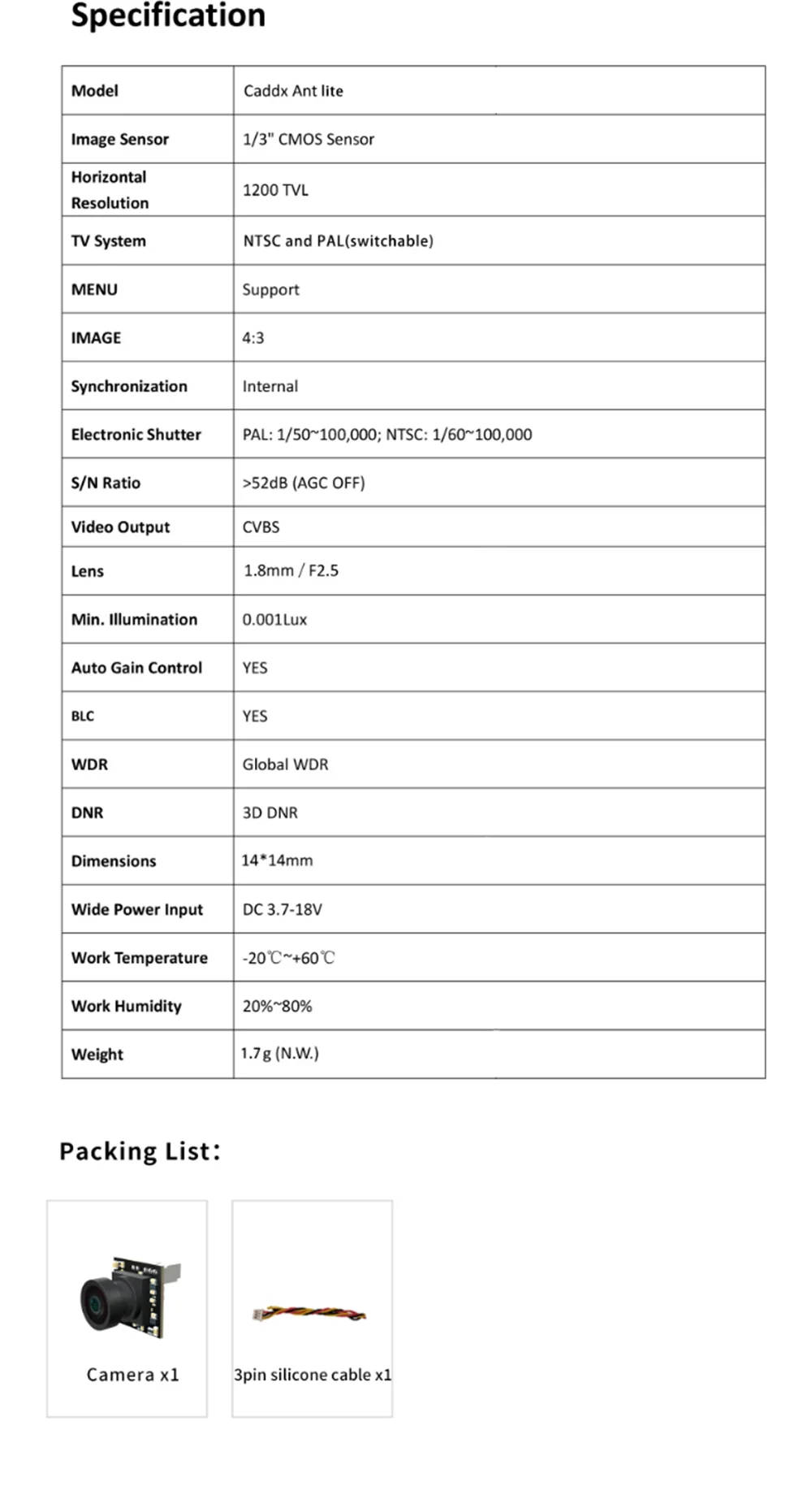 Caddxfpv Ant Lite 1/3'' CMOS 1.8mm 1200TVL 4:3 PAL/NTSC Global WDR FOV 165° FPV Camera FPVCycle Edition for FPV Racing RC Drone