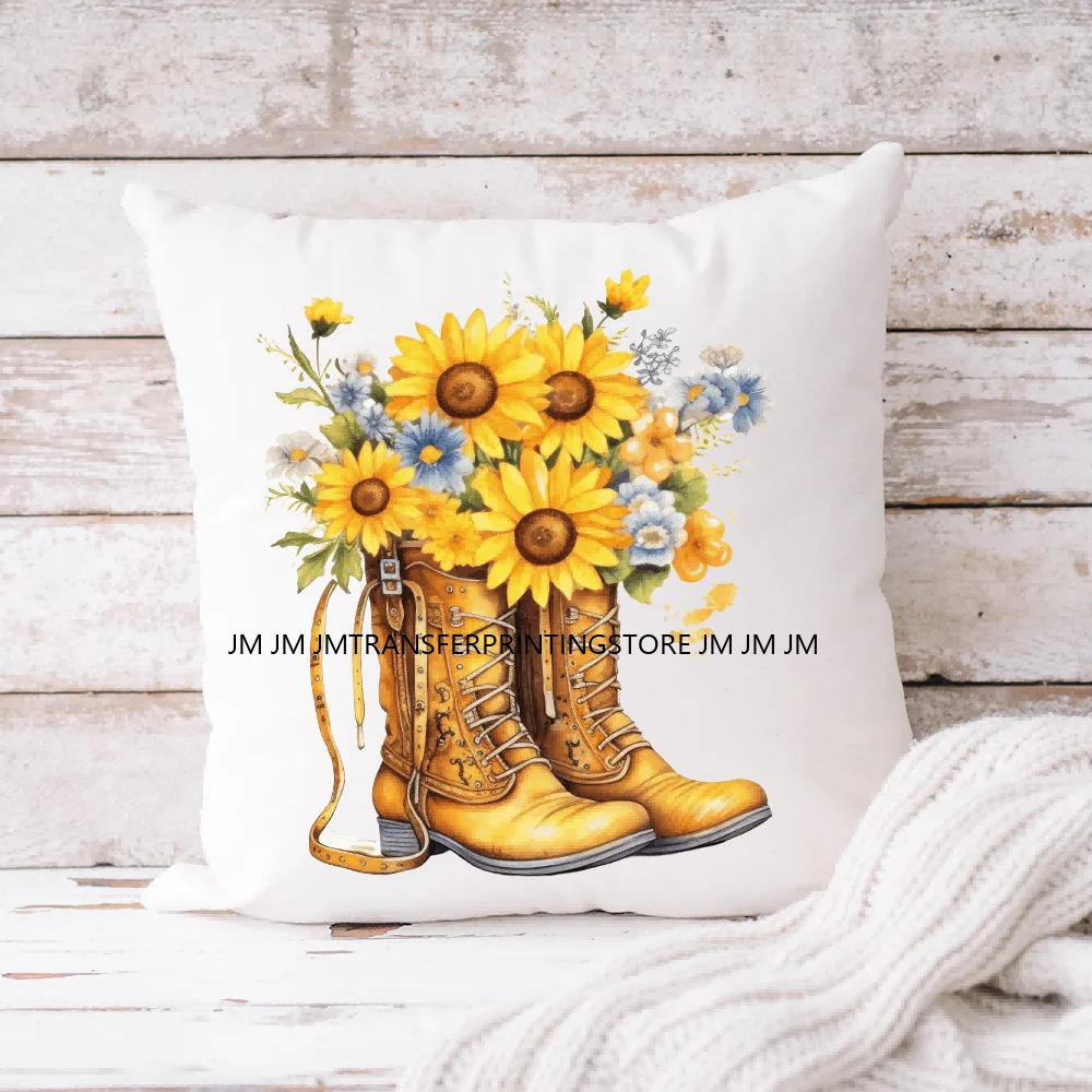 Western Floral Boots Cactus Cowgirl Patches Iron On DTF Heat Transfers Stickers Ready To Press Bags Clothing