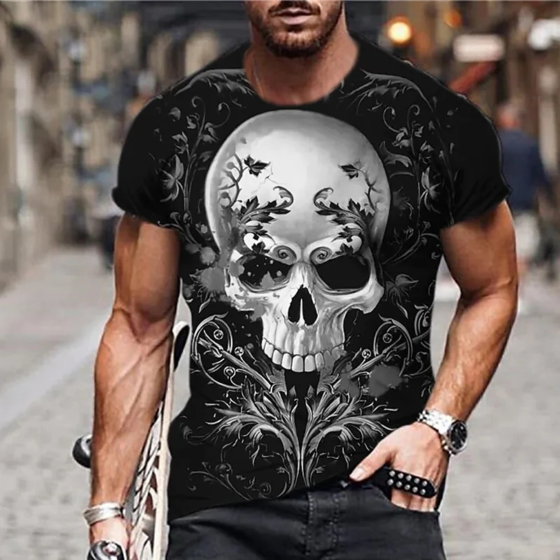 

Vintage T Shirts For Men 3D Print Skull Flower Tee Top Short Sleeve Loose Punk Style O-Neck T Shirts Men Clothing Camiseta