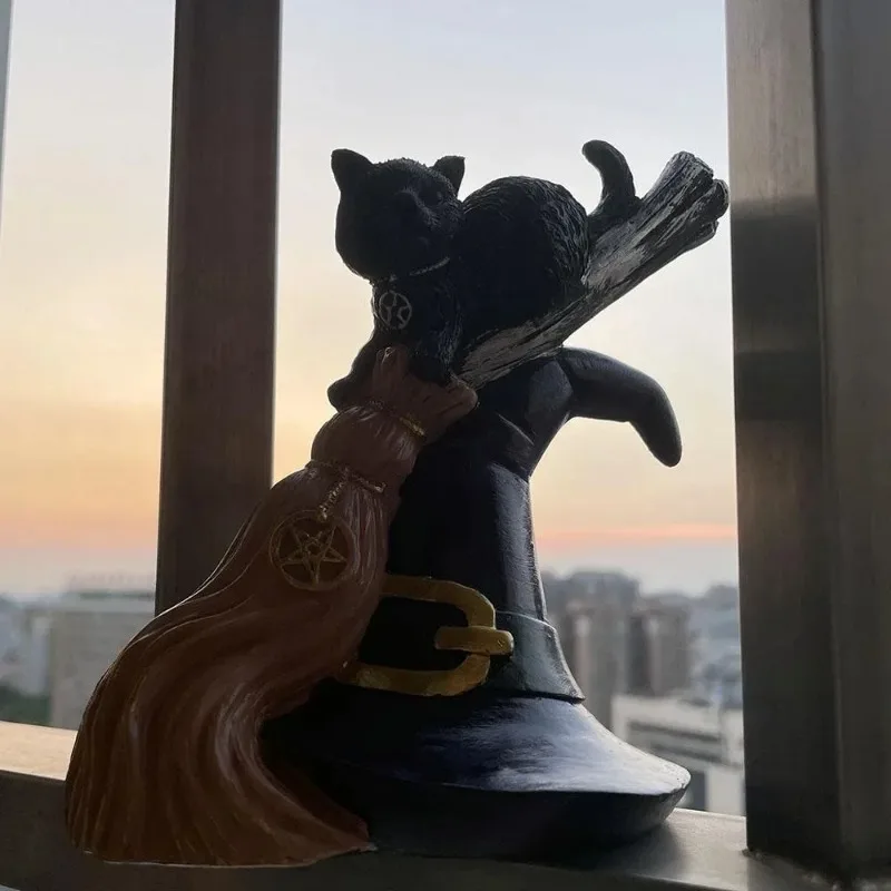 2026 Creative New Black Cat Broom Resin Crafts Dining Table Art Gifts Home Decoration Statue Halloween Desktop Decoration