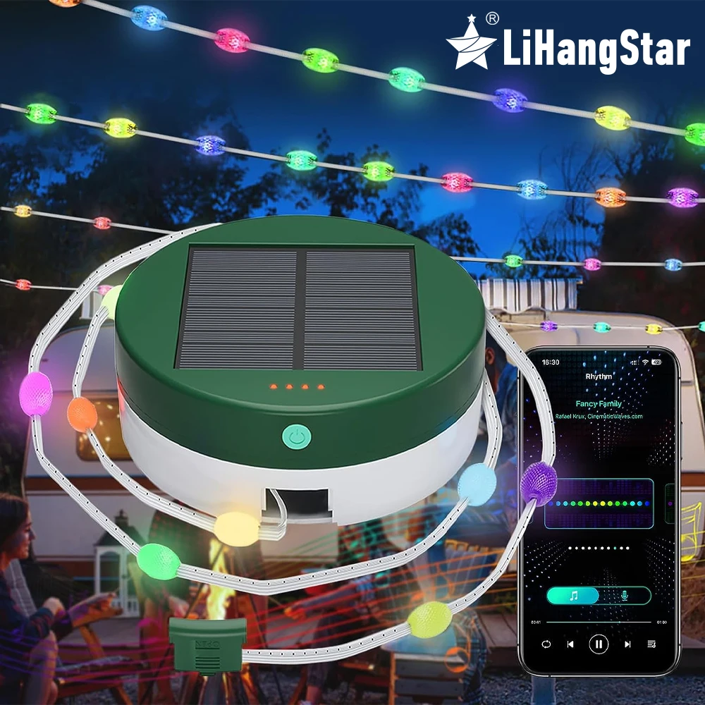 Solar Camping Lights LED Outdoor String Lights RGBIC,USB Rechargeable with Storage Box APP Tent Lights for Camping Garden Party