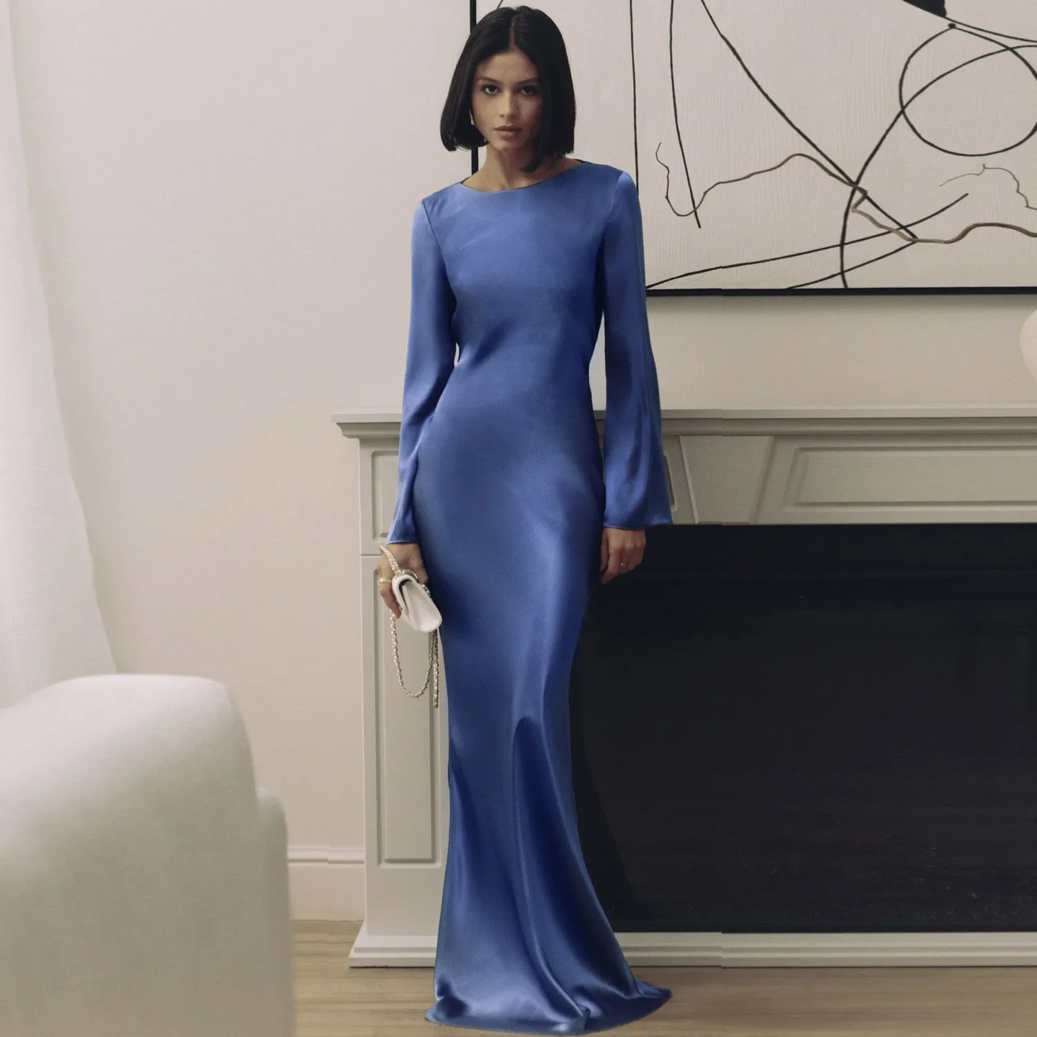 

Женское винтажное платье макси, элегантное однотонное платье с длинным расширяющимся книзу рукавом и О-образным вырезом на талии, весна-осень 2024