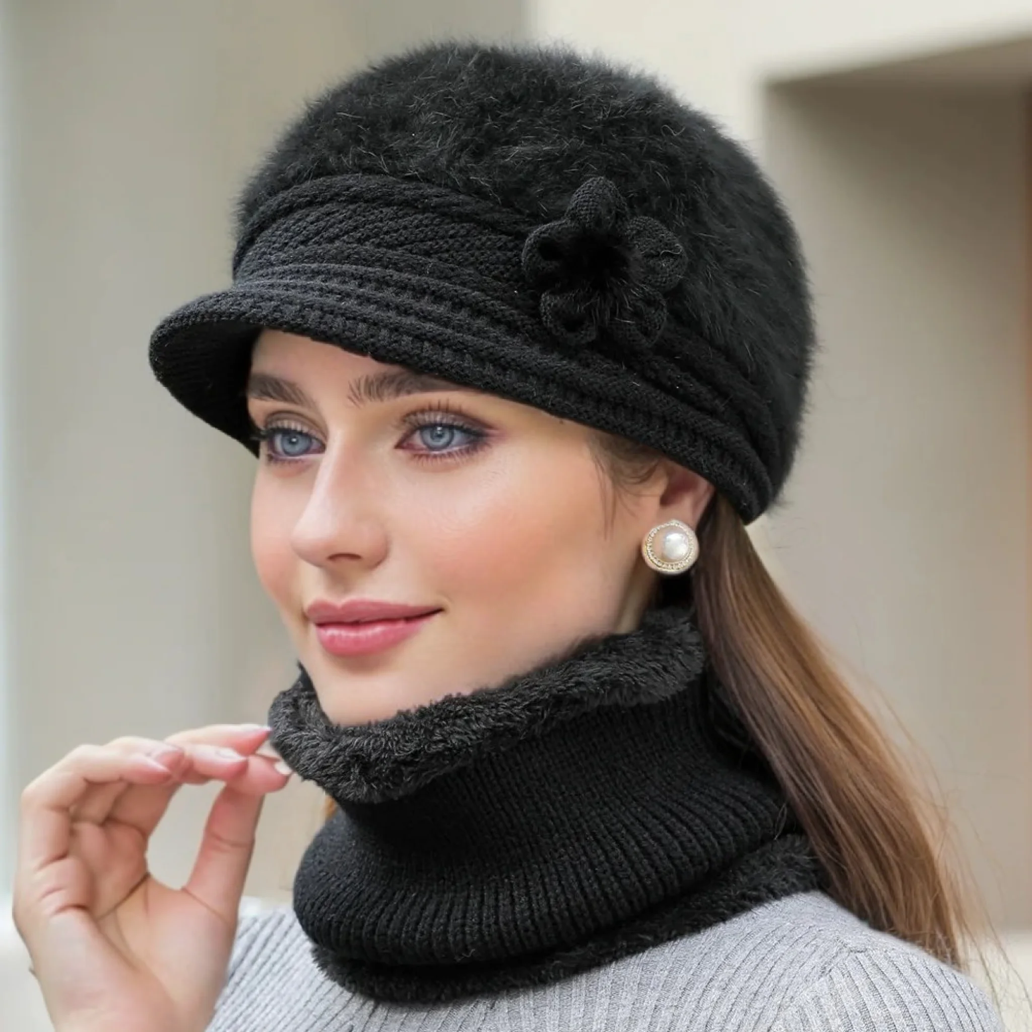 Hot Sale Women Winter Hat Keep Warm Cap Plush Fur Lined Hat &Scarf Warm Set