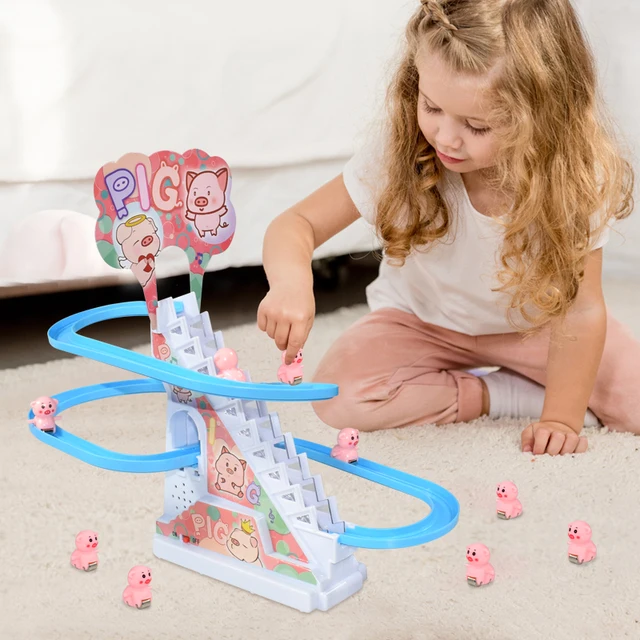 DIY Rail Racing Track Electric Small Duck Climbing Stairs Toy Pig Action Figures Toys Music Roller Coaster Toy For Kids Gift 5