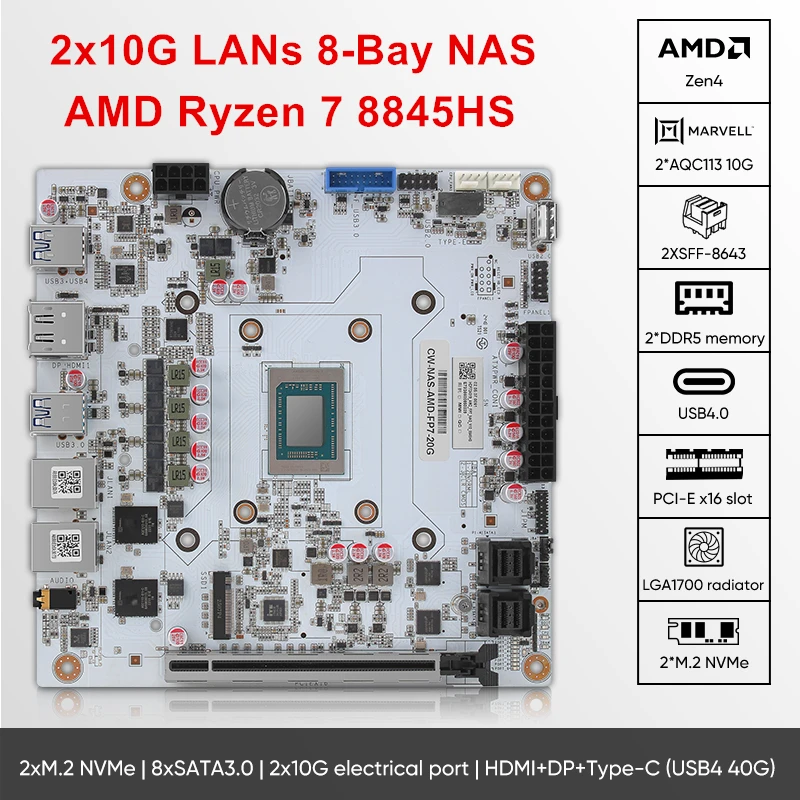 nattyanページ Mini ITX NAS Motherboard, AMD Ryzen 7 8845HS, 8-Bay Storage