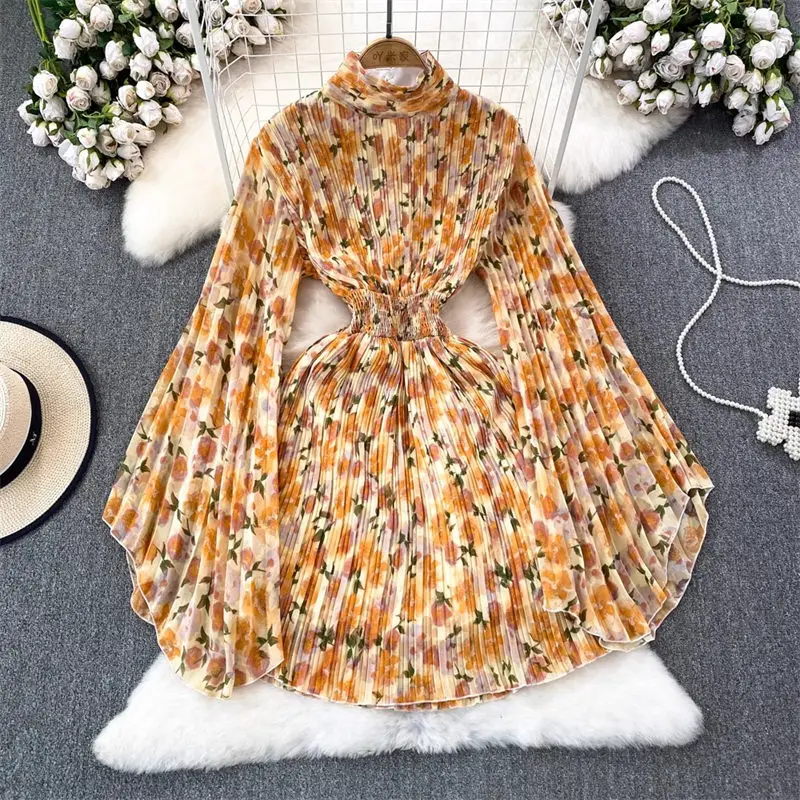 

High End Light Luxury Short Dress Women Spring Fashion Pleated Flare Sleeve Stand Neck Waistband Slim A Line Floral Dress z4665