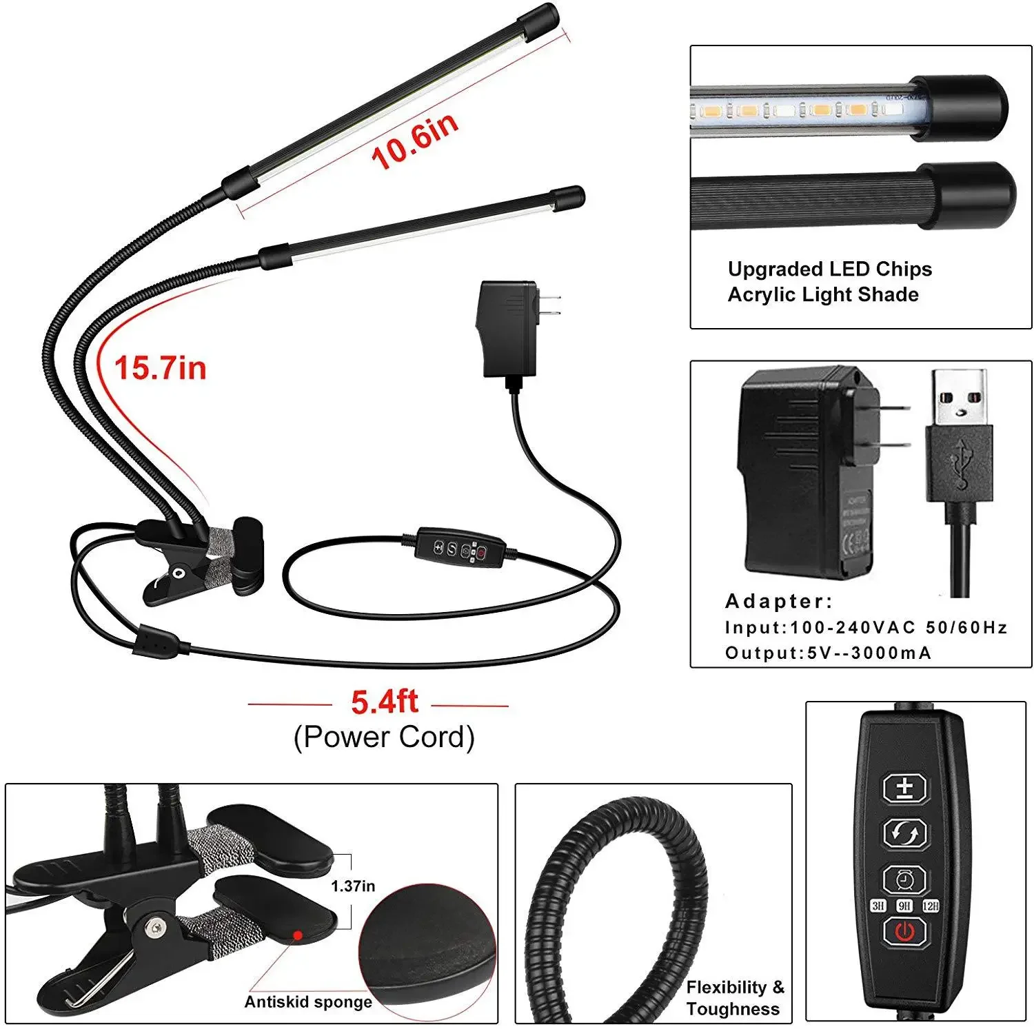LED Grow Light Black Double Tube Gooseneck Clip Timing Dimming Aluminum Alloy 360 &deg; Hose 5V/10-20W/USB Powered (without Adapter)