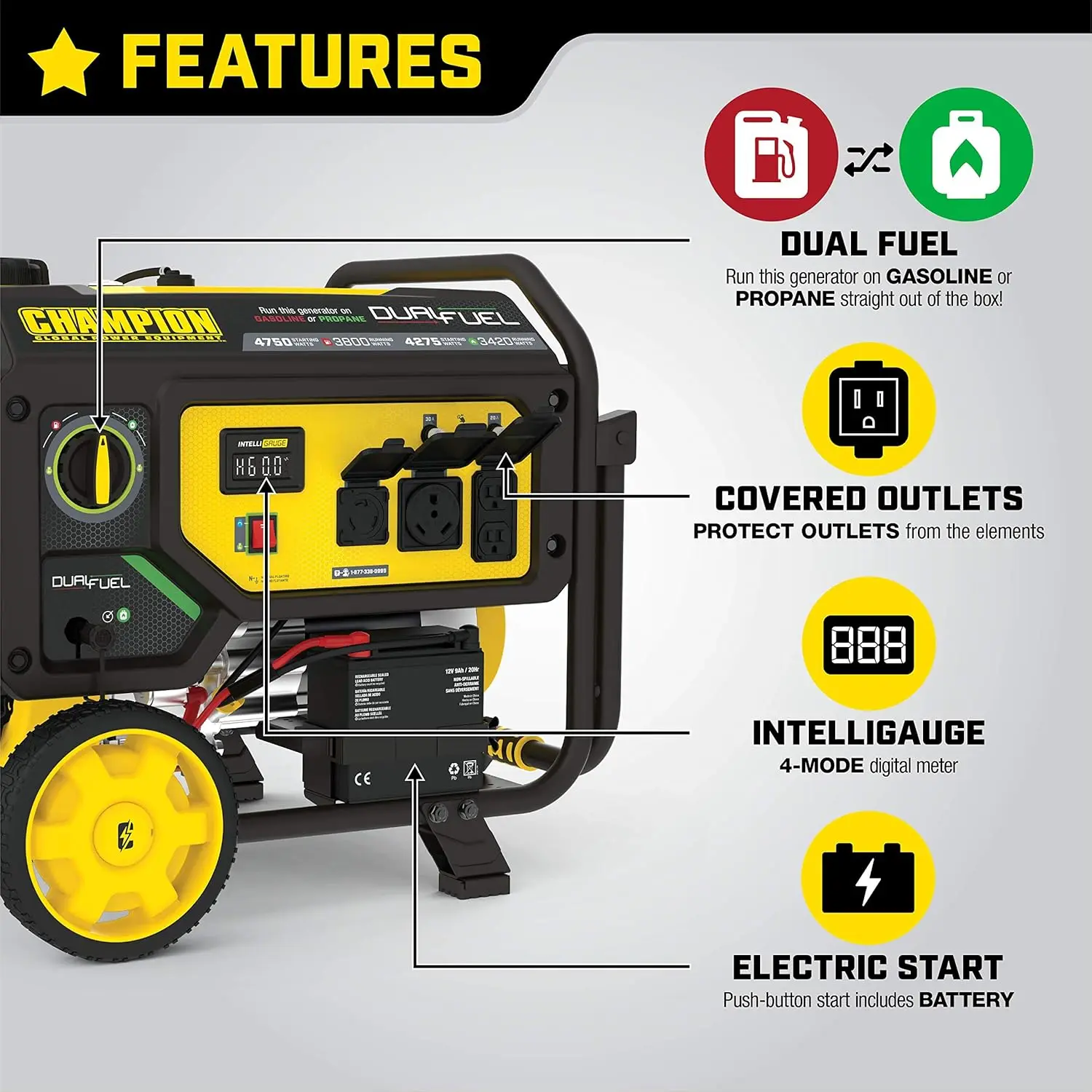 4750 Watt Dual Fuel Portable Generator with Electric Start Wheel Kit Keep track of voltage hertz and run time hours