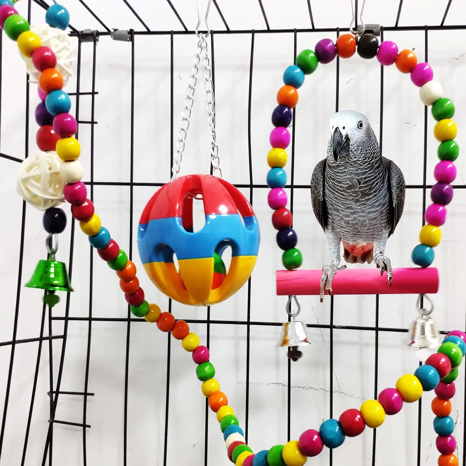 10 Packs Toys for Birds Swing Chewing Training Parrot Toys Chewable Hanging Bird Accessories Pet Wooden Bell Bird
