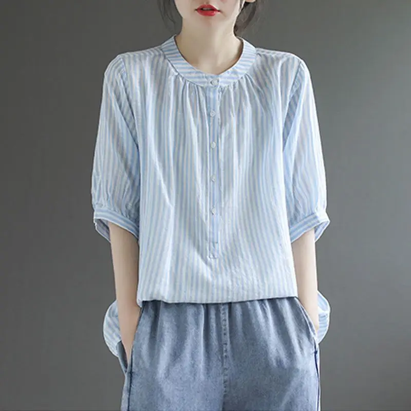

Fashion O-Neck Button Loose Folds Casual Striped Blouses Women's Clothing 2024 Summer New Oversized All-match Tops Korean Shirts